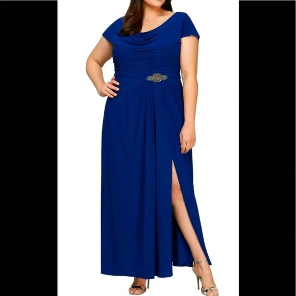 Alex Evenings | Dresses | Womens Formal Dress Plus Size 4 2w 22w Blue Alex  Evenings Beaded Cowl Ruffled | Poshmark